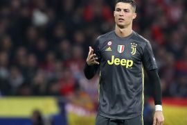 MADRID, SPAIN - FEBRUARY 20: Cristiano Ronaldo of Juventus gestures towards Atletico Madrid fans during the UEFA Champions League Round of 16 First Leg match between Club Atletico de Madrid and Juventus at Estadio Wanda Metropolitano on February 20, 2019 in Madrid, Spain. (Photo by Angel Martinez/Getty Images)