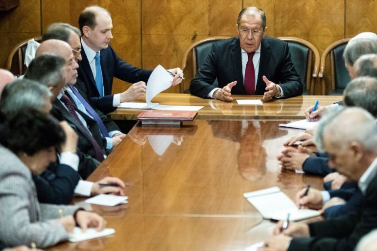 Russian Foreign Minister Sergei Lavrov talks during a meeting with representatives of Palestinian groups and movements as a part of an intra-Palestinian talks in Moscow, Russia February 12, 2019. Pavel Golovkin/Pool via REUTERS