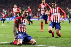 MADRID, SPAIN - FEBRUARY 20: Jose Gimenez of Atletico Madrid celebrates after scoring his team's first goal during the UEFA Champions League Round of 16 First Leg match between Club Atletico de Madrid and Juventus at Estadio Wanda Metropolitano on February 20, 2019 in Madrid, Spain. (Photo by Angel Martinez/Getty Images)