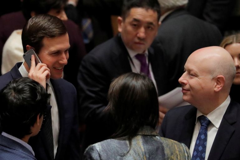 White House senior adviser Jared Kushner speaks with United States Ambassador to the United Nations (UN) and lawyer Jason Greenblatt (R) before a meeting of the United Nations (UN) Security Council at UN headquarters in New York, U.S., February 20, 2018. REUTERS/Lucas Jackson