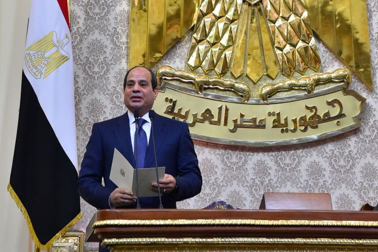 Egyptian President Abdel Fattah Al Sisi speaks at his swearing-in of the second presidential term, at a ceremony, at the House of Representatives in Cairo, Egypt, June 2, 2018 in this handout picture courtesy of the Egyptian Presidency. The Egyptian Presidency/Handout via REUTERS ATTENTION EDITORS - THIS IMAGE WAS PROVIDED BY A THIRD PARTY