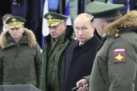 Russian President Vladimir Putin (2nd R) and Defence Minister Sergei Shoigu (3rd R) visit the Military Academy of the Strategic Missile Forces, named after Peter the Great, outside Moscow, Russia December 22, 2017. Sputnik/Mikhail Klimentyev/Sputnik via REUTERS ATTENTION EDITORS - THIS IMAGE WAS PROVIDED BY A THIRD PARTY.