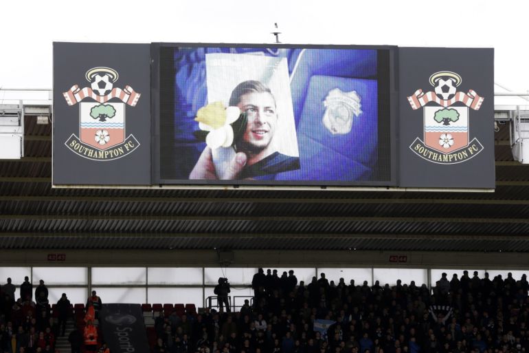 SOUTHAMPTON, ENGLAND - FEBRUARY 09: A tribute to Emiliano Sala is seen on the led screen prior to the Premier League match between Southampton FC and Cardiff City at St Mary's Stadium on February 9, 2019 in Southampton, United Kingdom. (Photo by Henry Browne/Getty Images)
