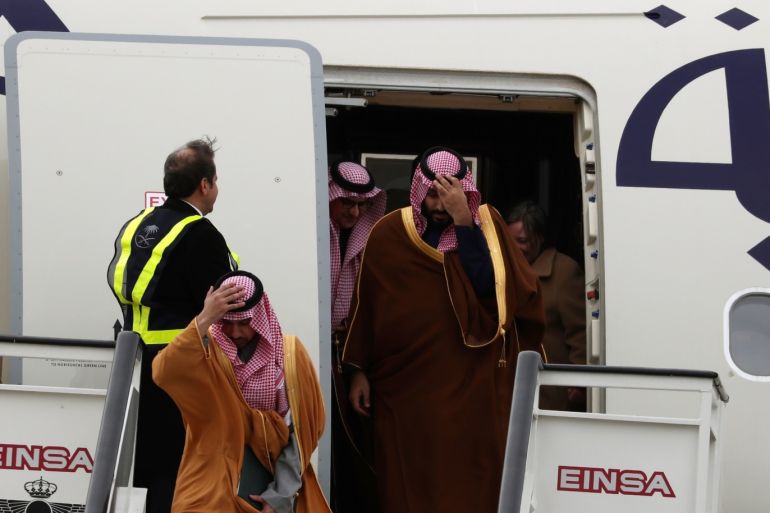 Saudi Arabia's Crown Prince Mohammed bin Salman leaves his plane upon arriving at Torrejon's military airbase in Torrejon de Ardoz, outside Madrid, Spain, April 11, 2018. REUTERS/Sergio Perez