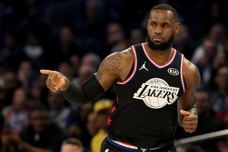 CHARLOTTE, NORTH CAROLINA - FEBRUARY 17: LeBron James #23 of the LA Lakers and Team LeBron reacts in the first half during the NBA All-Star game as part of the 2019 NBA All-Star Weekend at Spectrum Center on February 17, 2019 in Charlotte, North Carolina. NOTE TO USER: User expressly acknowledges and agrees that, by downloading and/or using this photograph, user is consenting to the terms and conditions of the Getty Images License Agreement. Streeter Lecka/Getty Images/AFP== FOR NEWSPAPERS, INTERNET, TELCOS & TELEVISION USE ONLY ==