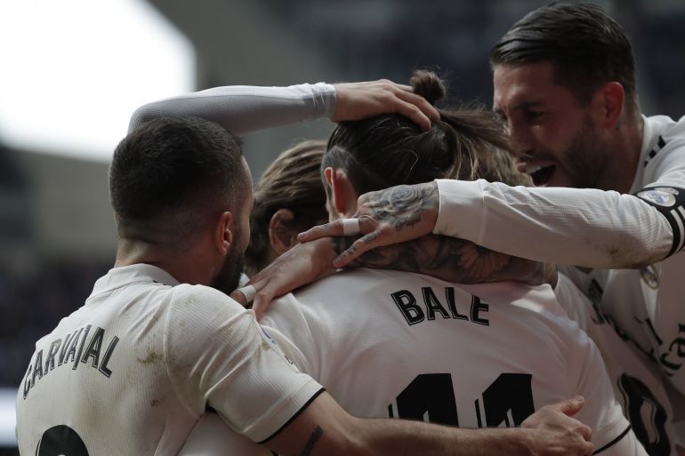 Atletico Madrid vs Real Madrid - La Liga- - MADRID, SPAIN - FEBRUARY 9: Gareth Bale (C) of Real Madrid celebrates after scoring a goal with his teammates during the La Liga Santander match between Atletico Madrid v Real Madrid at the Estadio Wanda Metropolitano in Madrid, Spain on February 9, 2019.