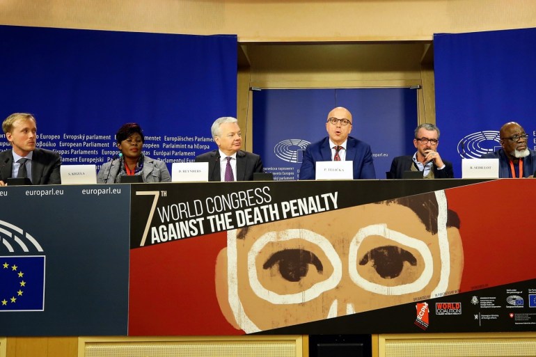 7th World Congress Against The Death Penalty- - BRUSSELS, BELGIUM - FEBRUARY 27: Belgian Foreign Minister Didier Reynders (3rd L) and Vice President of the European Parliament Pavel Telicka (C) hold a joint press conference within the 7th World Congress against the Death Penalty on February 27, 2019 in Brussels, Belgium. Hundreds of human rights activists and policy-makers from around the world attend the 7th World Congress against the Death Penalty taking place in Brus