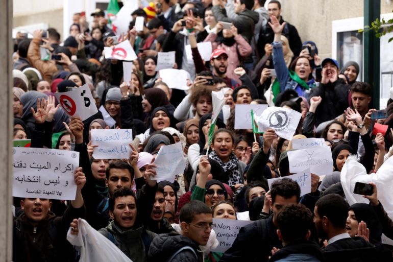 Students protest inside university campus against President Abdelaziz Bouteflika's plan to extend his 20-year rule by seeking a fifth term in Algiers, Algeria February 26, 2019. REUTERS/Ramzi Boudina
