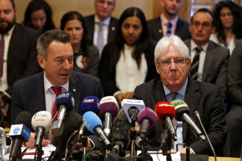 United Nations Special Envoy to Yemen Martin Griffiths and International Committee of the Red Cross President Peter Maurer speak to the media during a new round of talks by Yemen's warring parties on a prisoners swap deal, in Amman, Jordan February 5, 2019. REUTERS/Muhammad Hamed