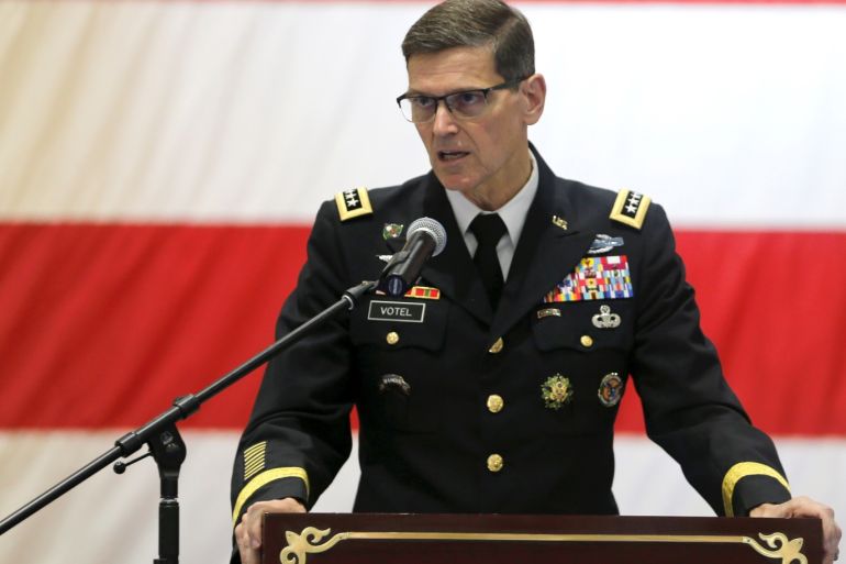General Joseph L. Votel, Commander of United States Central Command (CENTCOM) speaks during the Change of Command U.S. Naval Forces Central Command 5th Fleet Combined Maritime Forces ceremony at the U.S. Naval Base in Bahrain, May 6, 2018. REUTERS/Hamad I Mohammed