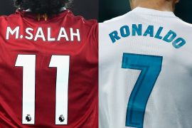 FILE PHOTO (EDITORS NOTE: COMPOSITE OF IMAGES - Image numbers 879097616 (L) and 917598122) In this composite image a comparision has been made between Mohamed Salah of Liverpool and Cristiano Ronaldo of Real Madrid CF. Real Madrid and Liverpool meet in the UEFA Champions League Final on May 26, 2018 at the NSC Olimpiyskiy Stadium in Kiev, Ukraine. ***LEFT IMAGE*** LIVERPOOL, ENGLAND - NOVEMBER 25: Mohamed Salah of Liverpool celebrates scoring his sides first goal during the Premier League match between Liverpool and Chelsea at Anfield on November 25, 2017 in Liverpool, England. (Photo by Shaun Botterill/Getty Images) ***RIGHT IMAGE*** MADRID, SPAIN - FEBRUARY 10: Cristiano Ronaldo of Real Madrid CF reacts during the La Liga match between Real Madrid CF and Real Sociedad de Futbol at Estadio Santiago Bernabeu on February 10, 2018 in Madrid, Spain. (Photo by Gonzalo Arroyo Moreno/Getty Images)