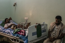 ADEN, YEMEN - SEPTEMBER 23: Naser Tom, 28 lies in a government hospital bed, after stepping on an IED in Hodeidah province, on September 23, 2018 in Aden, Yemen. A coalition military campaign has moved west along Yemen's coast toward Hodeidah, where increasingly bloody battles have killed hundreds since June, putting the country's fragile food supply at risk. (Photo by Andrew Renneisen/Getty Images)