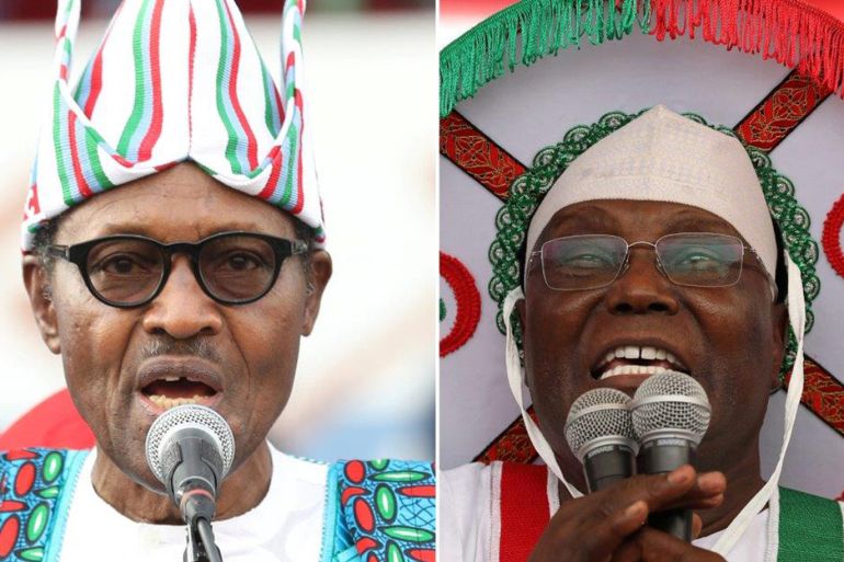 A combo picture shows Nigeria's President Muhammadu Buhari and main opposition party presidential candidate Atiku Abubakar addressing supporters during campaign rallies ahead of the country's presidential election in Lagos, Nigeria. Pictures taken accordingly on February 9, 2019 and February 12, 2019. REUTERS/Luc Gnago /Temilade Adelaja/File Photo