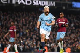 MANCHESTER, ENGLAND - FEBRUARY 27: Sergio Aguero of Manchester City celebrates after scoring his team's first goal during the Premier League match between Manchester City and West Ham United at Etihad Stadium on February 27, 2019 in Manchester, United Kingdom. (Photo by Laurence Griffiths/Getty Images)