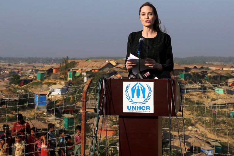 Actor Angelina Jolie joins in a press briefing as she visits Kutupalong refugee camp in Cox's Bazar