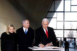U.S. Vice President Mike Pence, Israeli Prime Minister Benjamin Netanyahu and his wife Sara visit the Jewish Museum in Warsaw, Poland, February 14, 2019. REUTERS/Kacper Pempel