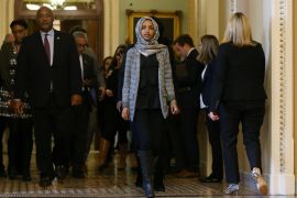 U.S. Rep. Ilhan Omar (D-MN) leaves the U.S. Senate chamber and walks back to the House of Representatives side of the Capitol with colleagues after watching the failure of both competing Republican and Democratic proposals to end the partial government shutdown in back to back votes on Capitol Hill in Washington, U.S., January 24, 2019. REUTERS/Leah Millis