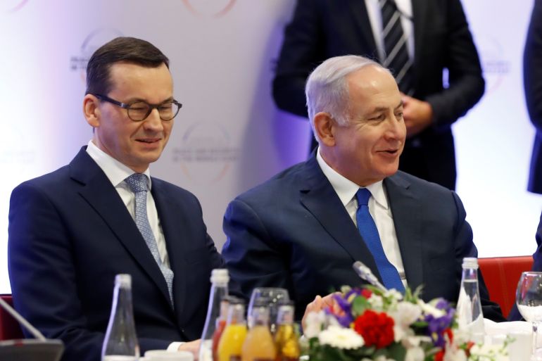 Poland's Prime Minister Mateusz Morawiecki, Israel's Prime Minister Benjamin Netanyahu and U.S. Secretary of State Mike Pompeo look on during the Middle East summit in Warsaw, Poland, February 14, 2019. REUTERS/Kacper Pempel