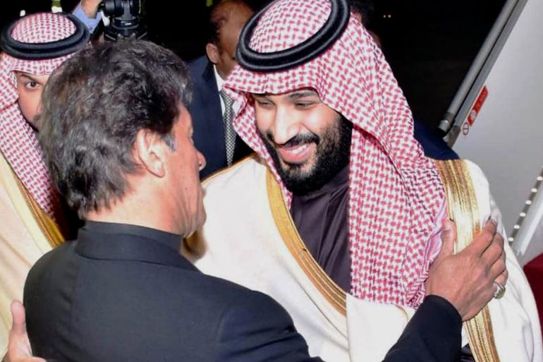 epa07377713 A handout photo made available by Press Information Department shows Pakistan's Prime Minister Imran Khan (L) greeting Saudi Crown Prince Mohammad Bin Salman, in Islamabad, Pakistan, 17 February 2019. The crown prince of Saudi Arabia arrived on 17 February in Pakistan, where he is expected to announce multi-billion-dollar investments to help the kingdom's traditional ally tide over financial crisis amid declining foreign exchange reserves. EPA-EFE/PRESS INFORMATION DEPARTMENT HANDOUT HANDOUT EDITORIAL USE ONLY/NO SALES