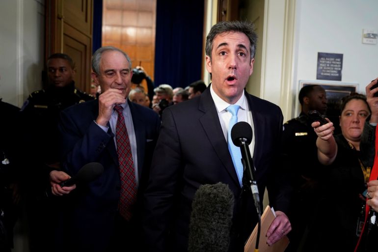 Former Trump personal attorney Michael Cohen talks to the news media after Cohen concluded his testimony at a House Committee on Oversight and Reform hearing on Capitol Hill in Washington, U.S., February 27, 2019. REUTERS/Joshua Roberts