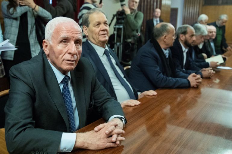 Fatah's official Azzam al-Ahmad, left, waits for a meeting with Russian Foreign Minister Sergei Lavrov and representatives of Palestinian groups and movements as a part of an intra-Palestinian talks in Moscow, Russia February 12, 2019. Pavel Golovkin/Pool via REUTERS