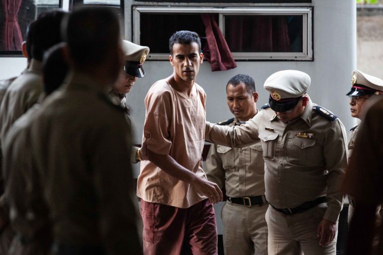 BANGKOK, THAILAND - FEBRUARY 04: Hakeem al-Araibi, a refugee footballer, arrives to Bangkok's Criminal Court on February 4, 2019 in Bangkok, Thailand. The Thai court is hearing the request to extradite the Bahraini football player, who was detained in Bangkok during his honeymoon. (Photo by Lauren DeCicca/Getty Images)