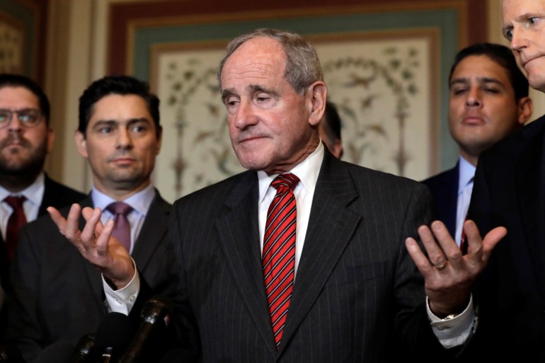 U.S. Senate Foreign Relations Committee chairman Jim Risch (R-ID) talks to the media after a meeting with Carlos Alfredo Vecchio (2nd R), charge d'affaires appointed by Venezuela's opposition leader and self-proclaimed interim president Juan Guaido, on Capitol Hill in Washington, U.S., January 30, 2019. REUTERS/Yuri Gripas