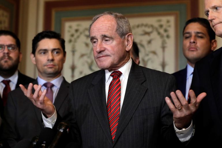 U.S. Senate Foreign Relations Committee chairman Jim Risch (R-ID) talks to the media after a meeting with Carlos Alfredo Vecchio (2nd R), charge d'affaires appointed by Venezuela's opposition leader and self-proclaimed interim president Juan Guaido, on Capitol Hill in Washington, U.S., January 30, 2019. REUTERS/Yuri Gripas