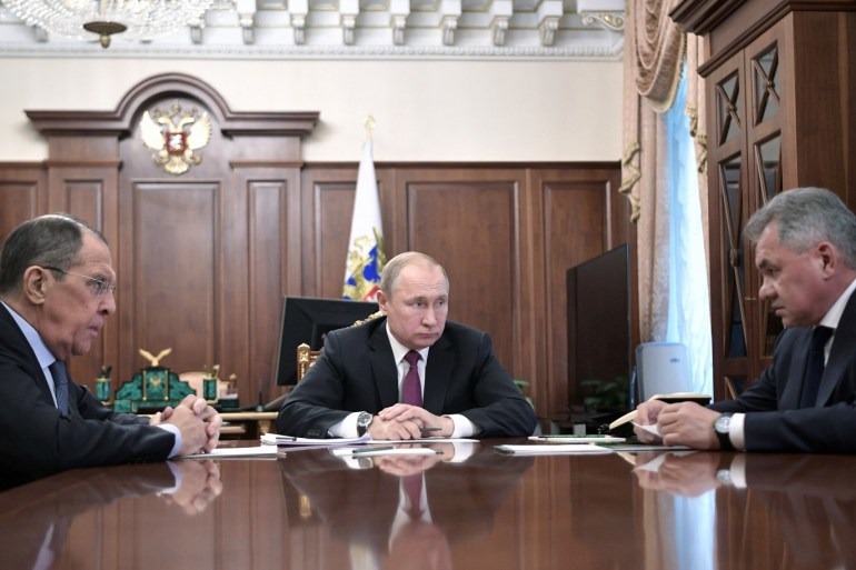 Russian President Vladimir Putin meets with Defence Minister Sergei Shoigu and Foreign Minister Sergei Lavrov at the Kremlin in Moscow, Russia, February 2, 2019. Sputnik/Alexei Nikolsky/Kremlin via REUTERS ATTENTION EDITORS - THIS IMAGE WAS PROVIDED BY A THIRD PARTY.