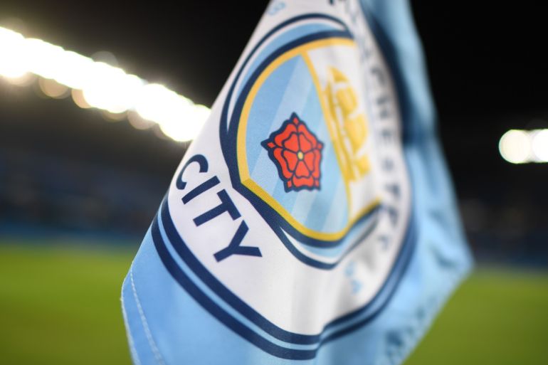 MANCHESTER, ENGLAND - JANUARY 14: A corner flag with the Manchester City logo is seen inside the stadium prior to the Premier League match between Manchester City and Wolverhampton Wanderers at Etihad Stadium on January 14, 2019 in Manchester, United Kingdom. (Photo by Michael Regan/Getty Images)