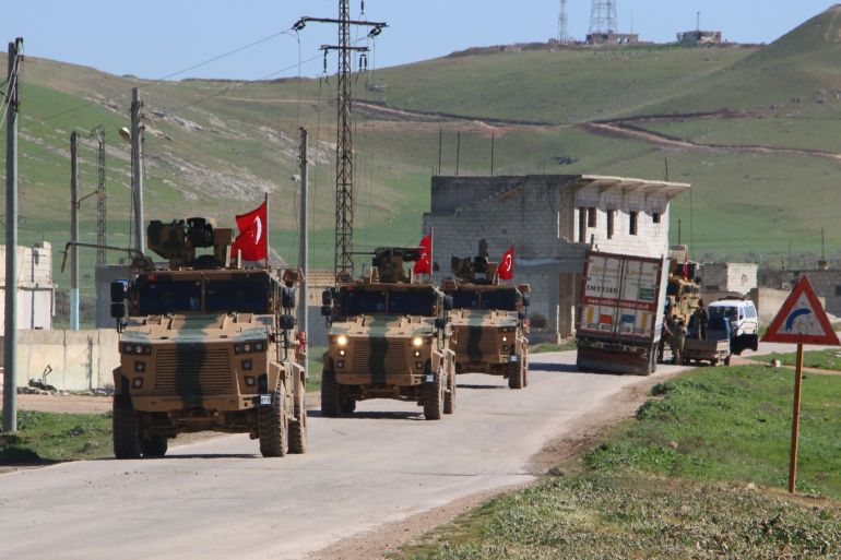 Turkish military completes first patrol in Syria’s Idlib- - IDLIB, SYRIA - MARCH 08: Armoured vehicles of Turkish Armed Forces are seen after first patrol completed at