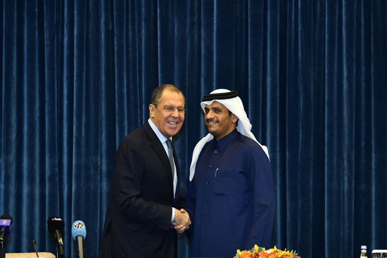 epa07412719 Russian Foreign Minister Sergey Lavrov (L) shakes hands with Qatari Deputy Prime Minister and Minister of Foreign Affairs Mohammed bin Abdulrahman bin Jassim Al Thani (R), after joint press conference at the Amiri Diwan in Doha, Qatar, 04 March 2019. Lavrov is on a five-day regional tour that will take him to Qatar, Saudi Arabia, Kuwait and the United Arab Emirates (UAE) for talks that are expected to focus on the situation in Yemen, Syria, as well as the Israeli-Palestinian conflict. EPA-EFE/STR