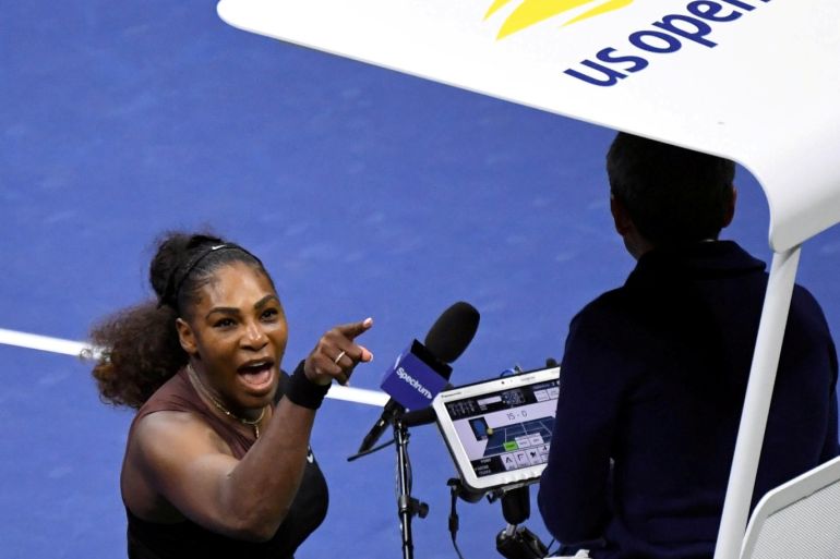 Serena Williams of the United States yells at chair umpire Carlos Ramos in the women's final against Naomi Osaka of Japan on day thirteen of the 2018 U.S. Open tennis tournament at USTA Billie Jean King National Tennis Center, New York, US., September 8, 2018. USA TODAY SPORTS/Danielle Parhizkaran SEARCH