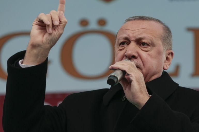 President of Turkey Recep Tayyip Erdogan- - ANKARA, TURKEY - MARCH 13: President of Turkey and the leader of Turkey's ruling Justice and Development (AK) Party Recep Tayyip Erdogan addresses the crowd as he attends a mass opening ceremony in Golbasi district of Ankara, Turkey on March 13, 2019.