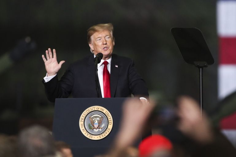 LIMA, OH - MARCH 20: U.S. President Donald J. Trump speaks at the Joint Systems Manufacturer on March 20, 2019 in Lima, Ohio. Trump visited the northeastern Ohio defense manufacturing plant to discuss his successes in the economy, job growth, John McCain, and ISIS. Andrew Spear/Getty Images/AFP== FOR NEWSPAPERS, INTERNET, TELCOS & TELEVISION USE ONLY ==
