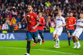 190323 Sergio Ramos of Spain celebrates after 2-1 during the UEFA Euro Qualifier football match between Spain and Norway on March 23, 2019 in Valencia. Photo: Vegard Wivestad Grtt / BILDBYRÅN / kod VG / 170317