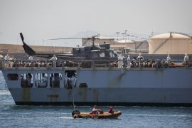 VALENCIA, SPAIN - JUNE 17: Italian navy vessel Orione carrying migrants arrives at the Port of Valencia on June 17, 2018 in Valencia, Spain. The Aquarius rescue ship is arriving today at the port of Valencia amid two Italian navy vessels. They are carrying 630 migrants who were rescued from the Mediterranean Sea near Malta and Italy by the ship's crew of Aquarius one week ago. The new Spanish Prime Minister Pedro Sanchez offered Valencia for safe disembarking, after I