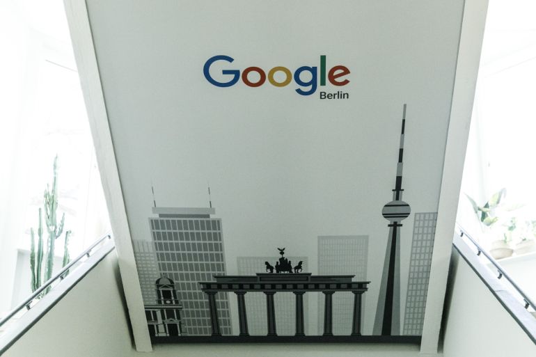 BERLIN, GERMANY - JANUARY 22: Above the entrance, the Brandenburg Gate and the Berlin TV Tower are painted under the words 'Google Berlin' during a press tour before the festive opening of the Berlin representation of Google Germany on January 22, 2019 in Berlin, Germany. The official opening will take place tonight with Berlin Mayor Michael Muller. (Photo by Carsten Koall/Getty Images)