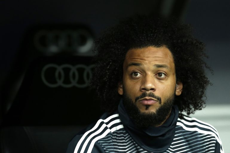 MADRID, SPAIN - MARCH 02: Marcelo of Real Madrid looks on from the bench during the La Liga match between Real Madrid CF and FC Barcelona at Estadio Santiago Bernabeu on March 02, 2019 in Madrid, Spain. (Photo by Gonzalo Arroyo Moreno/Getty Images)