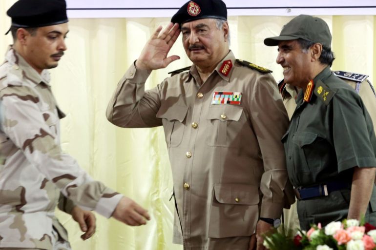 Libya's eastern-based commander Khalifa Haftar salutes as he participates in General Security conference, in Benghazi, Libya, October 14, 2017. REUTERS/Esam Omran Al-Fetori