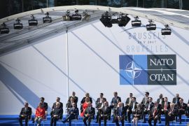 BRUSSELS, BELGIUM - MAY 25: NATO heads of state arrive for the unveiling ceremony of the Berlin Wall monument, during the NATO (North Atlantic Treaty Organization) summit ceremony at the NATO headquarters on May 25, 2017 in Brussels, Belgium.(Photo by Justin Tallis - Pool/Getty Images)