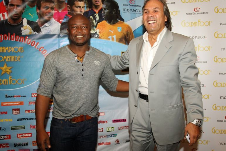 MONACO - OCTOBER 09: Abedi 'Pele' and Rabah Madjer attend the Golden Foot awards previews on October 9, 2011 in Monaco, Monaco. (Photo by Marco Luzzani/Getty Images for Golden Foot)