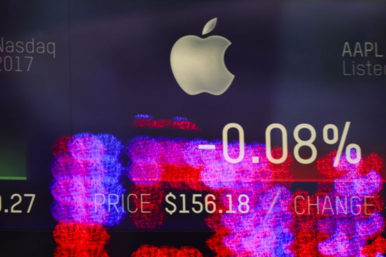 NEW YORK, NY - JANUARY 29: Stock numbers for Apple are displayed on a screen at the Nasdaq MarketSite in Times Square, January 29, 2019 in New York City. Apple is set to report first-quarter earnings results after U.S. markets close on Tuesday. Drew Angerer/Getty Images/AFP== FOR NEWSPAPERS, INTERNET, TELCOS & TELEVISION USE ONLY ==