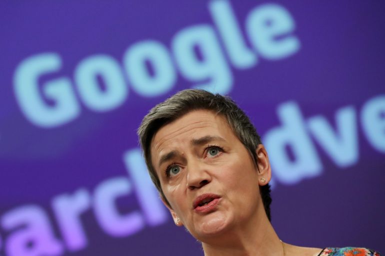 European Competition Commissioner Margrethe Vestager talks to the media at the European Commission headquarters in Brussels, Belgium March 20, 2019. REUTERS/Yves Herman