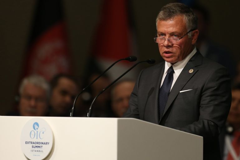 Extraordinary summit of the OIC in Istanbul- - ISTANBUL, TURKEY - MAY 18: Jordanian King Abdullah II makes a speech during the Organization of Islamic Cooperation (OIC) Extraordinary Islamic Summit Conference at Istanbul Congress Center in Istanbul, Turkey on May 18, 2018.