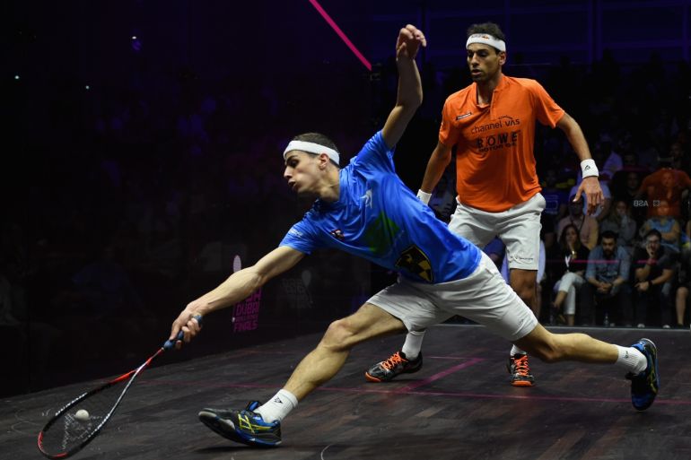 DUBAI, UNITED ARAB EMIRATES - JUNE 09: Mohamed Elshorbagy of Egypt (R) and Ali Farag of Egypt (L) compete during the men's final match of the PSA Dubai World Series Finals 2018 at Emirates Golf Club on June 9, 2018 in Dubai, United Arab Emirates. (Photo by Tom Dulat/Getty Images)