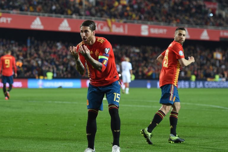 VALENCIA, SPAIN - MARCH 23: Sergio Ramos of Spain celebrates scoring his sides second goal during the 2020 UEFA European Championships group F qualifying match between Spain and Norway at Estadio de Mestalla on March 23, 2019 in Valencia, Spain. (Photo by Denis Doyle/Getty Images)