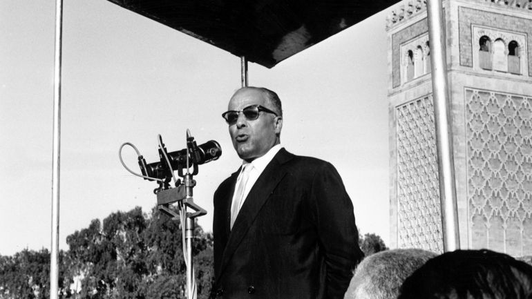 Tunisian President Habib Bourguiba (1903 - 2000) addresses a crowd at a mass funeral service held for Tunisians killed in the battle for Bizerta. (Photo by Ron Case/Getty Images)