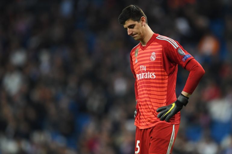 MADRID, SPAIN - MARCH 05: Thibaut Courtois of Real Madrid looks dejected during the UEFA Champions League Round of 16 Second Leg match between Real Madrid and Ajax at Bernabeu on March 05, 2019 in Madrid, Spain. (Photo by David Ramos/Getty Images)