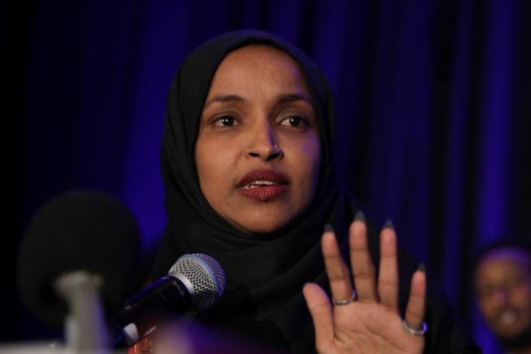 U.S. congresswoman-elect Ilhan Omar- - VIRGINIA, UNITED STATES - JANUARY 04: U.S. congresswoman-elect Ilhan Omar of Minnesota addresses her supporters after taking oath, at the Hilton McLean Tysons Corner in Virginia, United States on January 04, 2019.